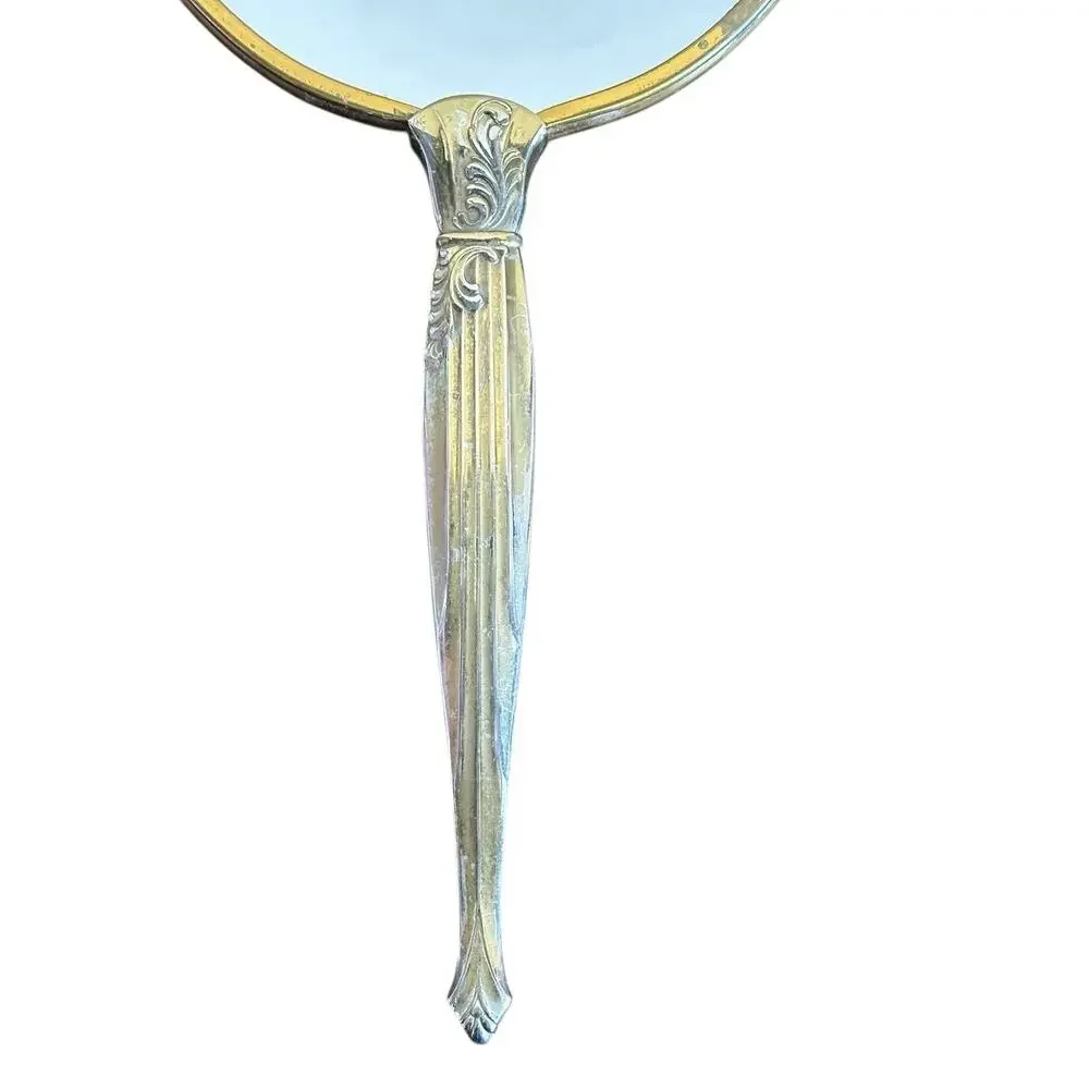 Vintage Art Nouveau Design Magnified Gold Tone Hand Mirror